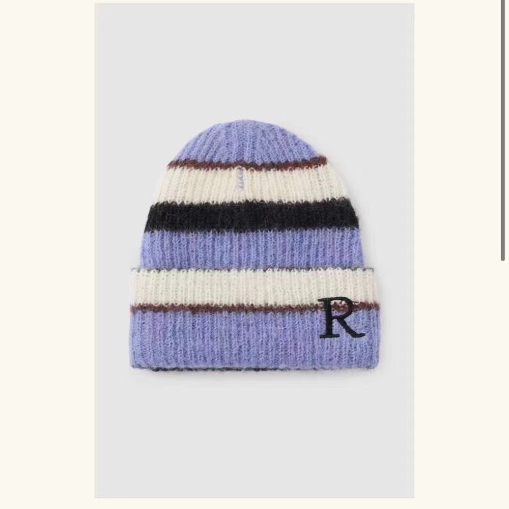 Rodebjer okapi wool beanie, new, stripe purple+ white + black + brown